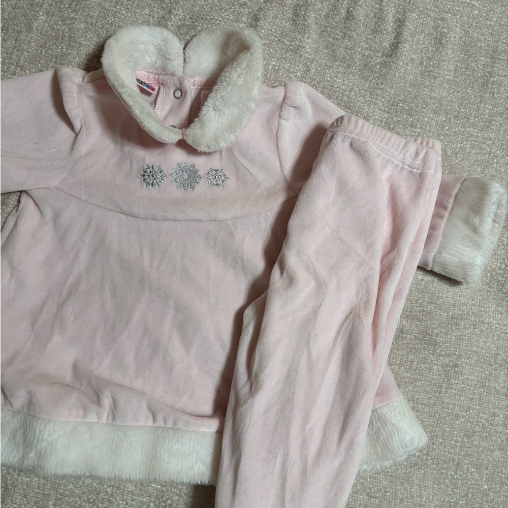 Vintage Cuddle Bear Pink Faux-Fur Trim Girls Pajama or Holiday Set